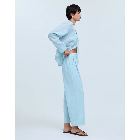 Madewell Pants Petite Pull-On Straight Crop Linen Blend Blue Heron NWT Size 14 - Picture 3 of 11